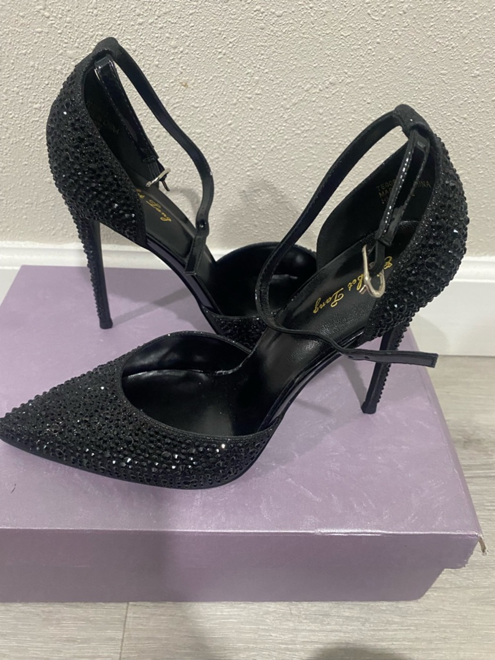 Crystal-Embellished Black Pointed-Toe Stiletto Heels with Ankle Strap